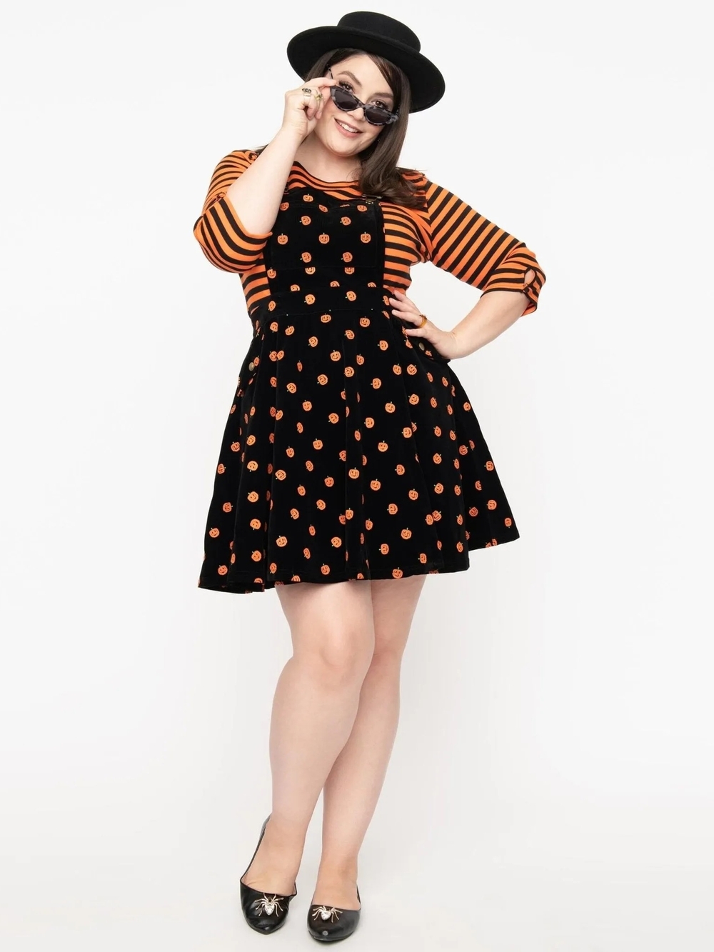 Unique Vintage Orange Pumpkin Print Pinafore Dress